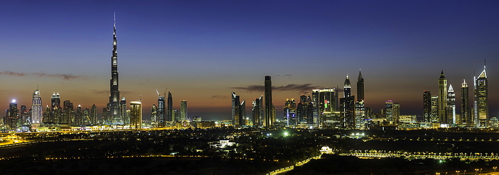 Elevated view of the new Dubai skyline, the Burj Khalifa, modern architecture and skyscrapers on Sheikh Zayed Road, Dubai, United Arab Emirates, Middle East