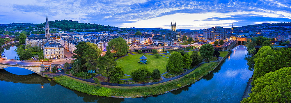 View by drone of Bath city center and River Avon, Somerset, England, United Kingdom, Euruope