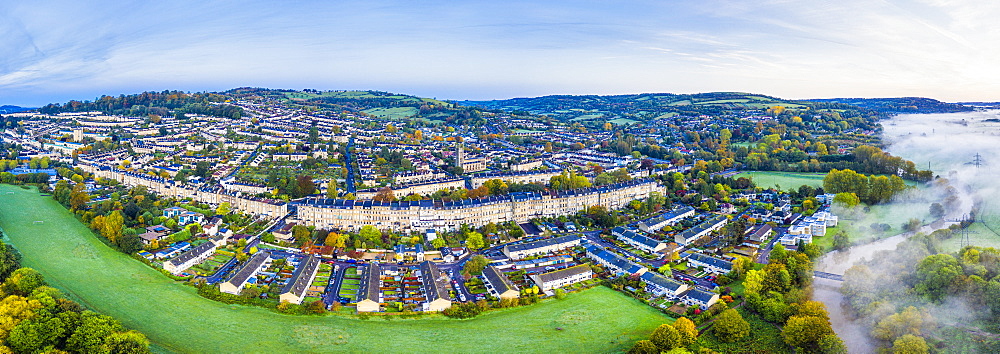 Panoramic view by drone over Bath, Somerset, England, United Kingdom, Europe