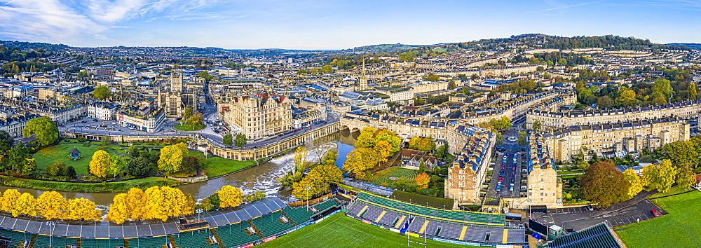 Aerial view by drone of Bath city center and River Avon, Bath, Somerset, England, United Kingdom, Europe