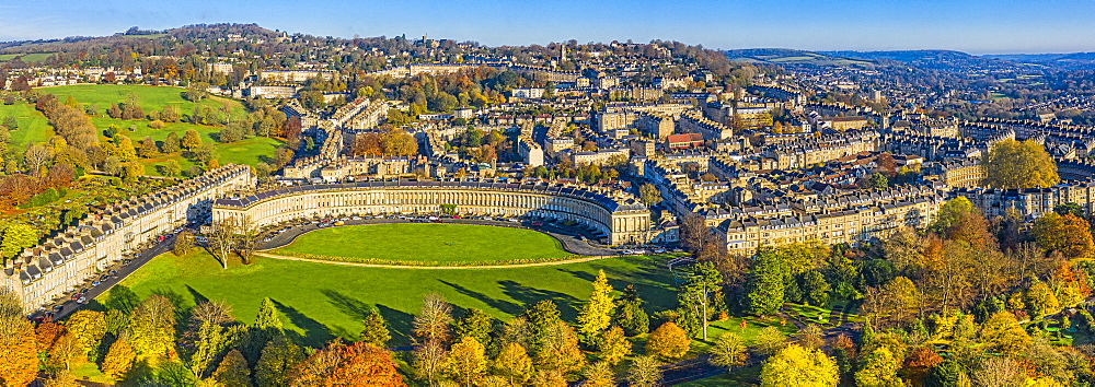 Aerial view by drone over the Georgian city of Bath, Royal Victoria Park and Royal Cresent, UNESCO World Heritage Site, Bath, Somerset, England, United Kingdom, Europe