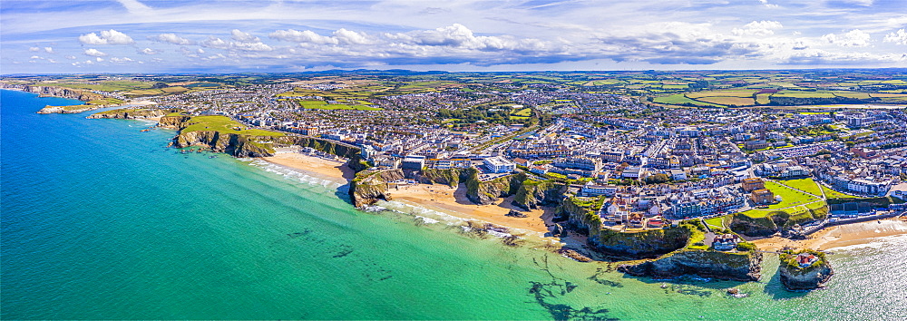 Aerial view over the sandy beaches of Newquay, Cornwall, England, United Kingdom, Europe