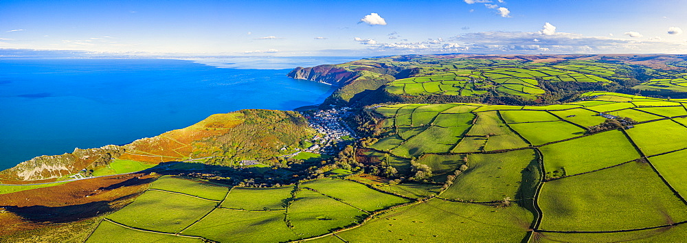 Aerial view over the Valley of the Rocks and Lynton, Exmoor National Park, North Devon, England, United Kingdom, Europe