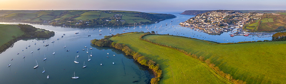 Aerial view by drone of Kingsbridge Estuary and Salcombe in Devon, England, United Kingdom, Europe