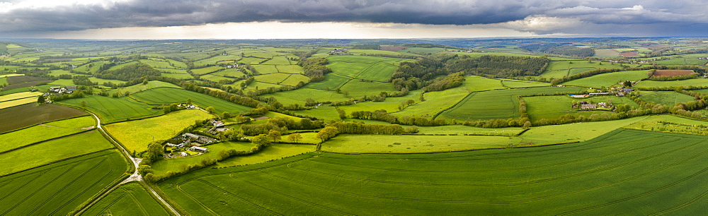 Aerial vista of rolling countryside near the village of Coldridge, Devon, England, United Kingdom, Europe