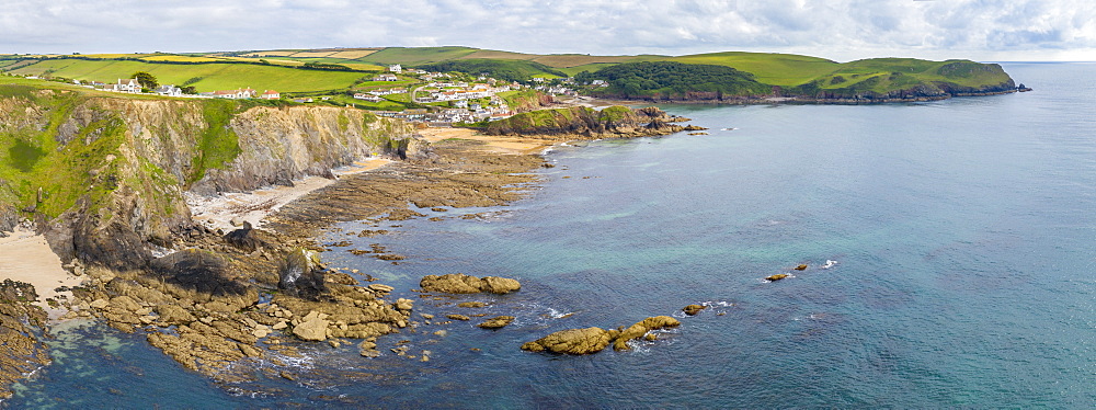 Aerial panoramic vista of Hope Cove in the South Hams, Devon, England, United Kingdom, Europe