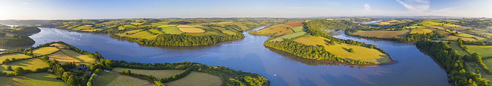 Early morning aerial panoramic of the River Dart estuary, Stoke Gabriel, South Hams, Devon, England, United Kingdom, Europe