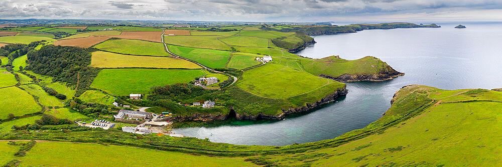 Aerial vista of Port Quin on the North Cornish coast in summer, Cornwall, England, United Kingdom, Europe