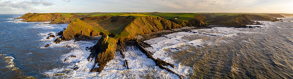 Aerial panoramic of dramatic coastline near Hartland Point on the North Devon coast in winter, Devon, England, United Kingdom, Europe