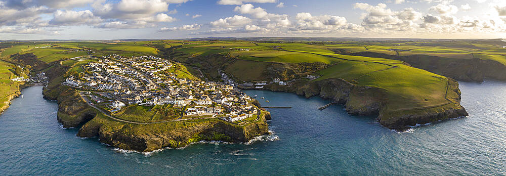 Aerial view of Port Isaac and surrounding coastline, North Cornwall, England, United Kingdom, Europe