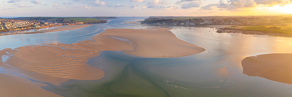 Aerial panorama of the Camel Estuary at dawn, Padstow, Cornwall, England, United Kingdom, Europe