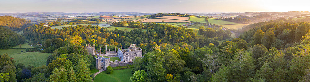 Aerial view of Berry Pomeroy Castle at dawn, Devon, England, United Kingdom, Europe