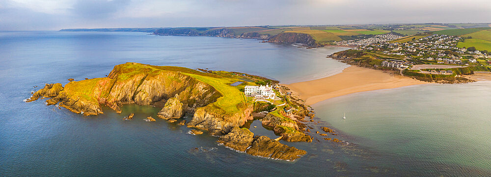 Aerial view of Burgh Island and hotel in the South Hams of Devon, England, United Kingdom, Europe