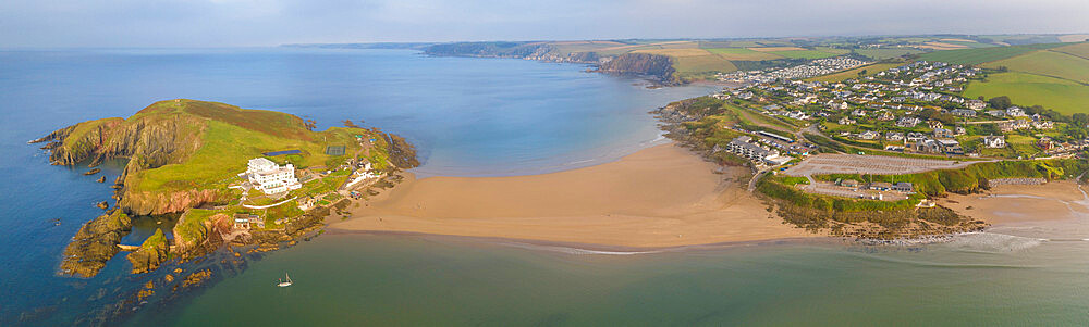 Aerial view of Burgh Island Hotel and Bigbury Beach tombolo in the South Hams, Devon, England, United Kingdom, Europe