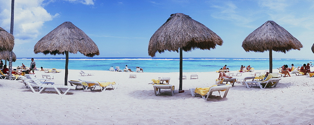 Panorama view of palapas on beach, Mayan Riviera, Akumal, Yucatan, Quintana Roo, Mexico, North America