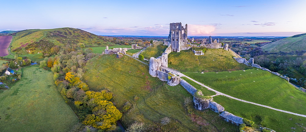 View by drone of Corfe Castle, Dorset, England, United Kingdom, Europe