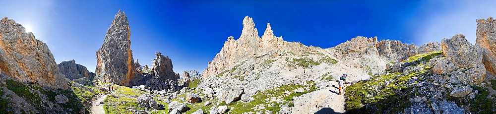 360Â° panorama view at the col Cir, in Puez Geisler National Park, SÃ«lva, Selva, Val Gardena, Gardena Valley, Groednertal, South Tyrol, Italy, Europe