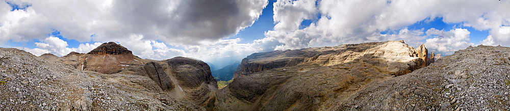 360Â° panoramic view with Piz Boe peak near the Bamberger Huette hut and bizarre cloud formations on the Sella massif, Passo Sella, province of Bolzano-Bozen, Italy, Europe