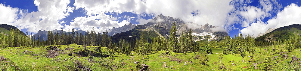 360 Â¬âˆž mountain panorama with unuasual cloud formation, mountain forest and maple trees, Kleiner Ahornboden, Karwendel, Tyrol, Austria, Europe