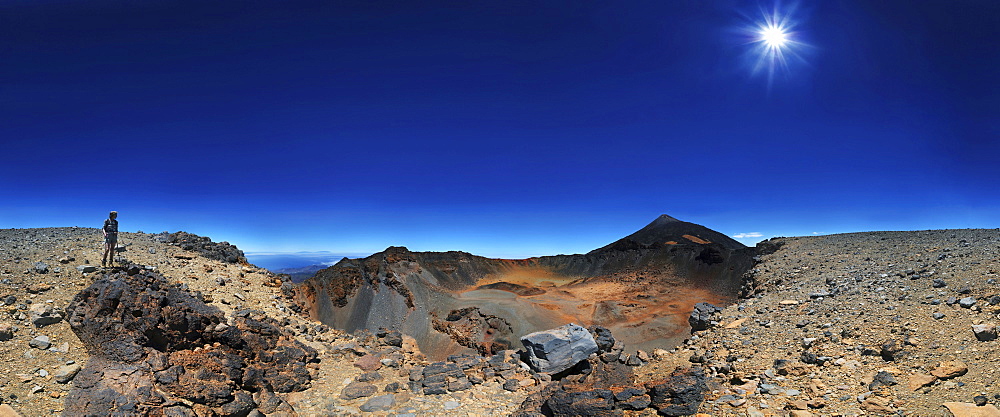 360 Ã‚Â¬Ã¢Ë†Å¾ panorama of the Pico Viejo volcano and Pico del Teide mountain with a woman standing at the edge of a crater, Teide National Park, Tenerife, Canary Islands, Spain, Europe