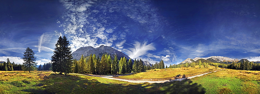 360Â¬âˆž mountain panorama with cumulus clouds in the Wettersteingebirge range, Mt. Suedwand with view on the Mieminger Kette and Wettersteinmassiv mountains in Leutasch, Tyrol, Austria, Europe