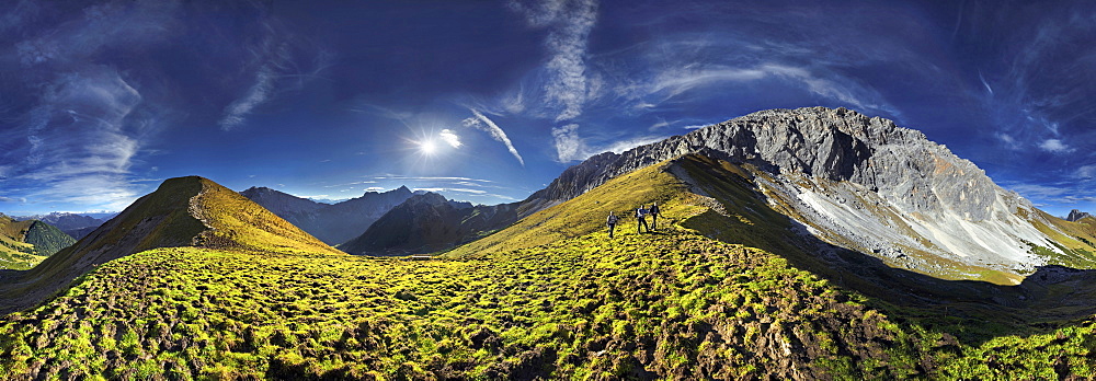 360Ã‚Â¬Ã¢Ë†Å¾ mountain panorama with hikers in the Wettersteingebirge range, Mt. Suedwand on the Suedwandsteig trail with view and Wettersteinmassiv mountains in Leutasch, Tyrol, Austria, Europe