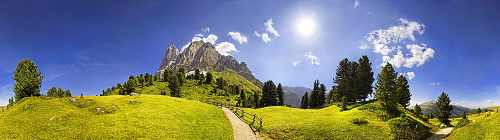 360Â¬âˆž panoramic view from Mt Peitlerkofel, Sasso delle Putia, at Wuerzjoch, Passo delle Erbe, Villnoess, Funes, Dolomites, South Tyrol, Italy, Europe