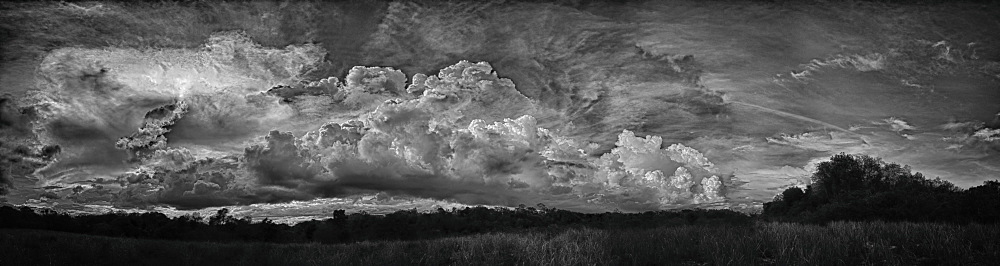 Panoramic view, 360, clouds in the rainy season, black and white, Corozal District, Belize, Central America