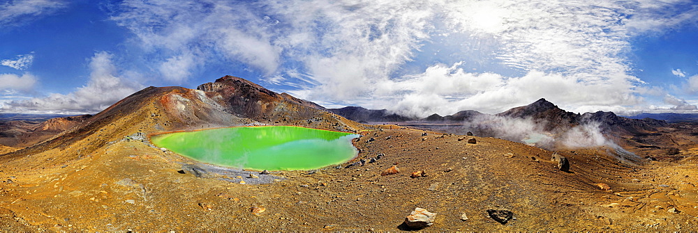 360 panorama with the green sulphurous Emerald Lakes and volcanio Mt Tongariro, Tongariro National Park, Manawatu-Wanganui, North Island, New Zealand, Oceania