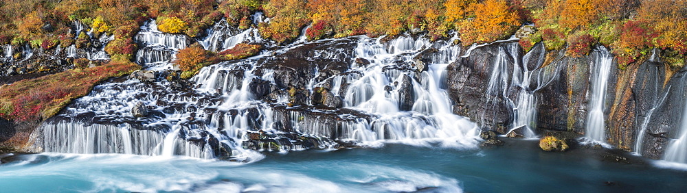 Hraunfossar waterfall in autumn, Vesturland, West Iceland, Iceland, Europe