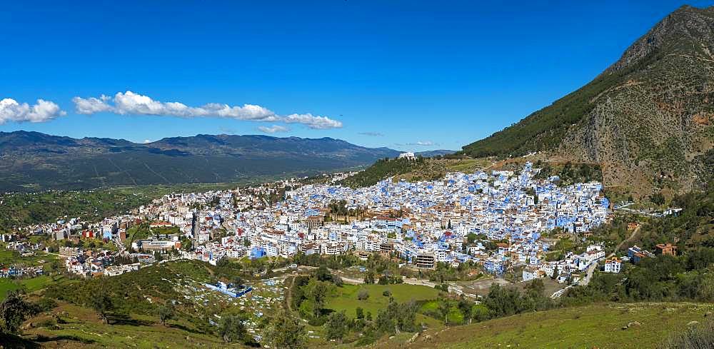 View on blue houses of the medina of Chefchaouen, Chaouen, reef mountains, Tangier-Tetouan, Morocco, Africa