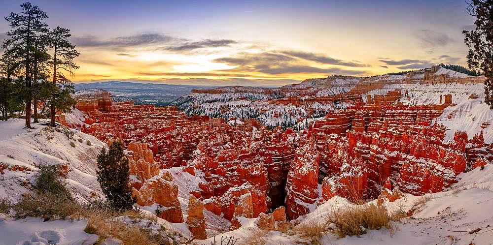 Amphitheatre at sunrise, snow-covered bizarre rocky landscape with Hoodoos in winter, Rim Trail, Bryce Canyon National Park, Utah, USA, North America