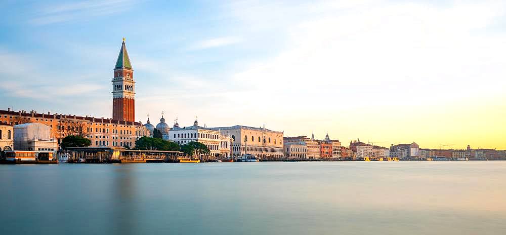 St Mark's Campanile and Piazza San Marco at sunrise, Canal Grande, morning mood, Venice, Veneto, Italy, Europe