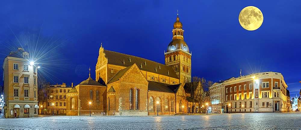 Riga Cathedral at night with full moon, Riga, Latvia, Europe