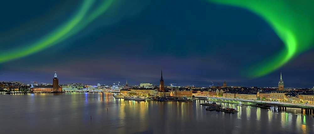 Northern lights, panorama over Stockholm, Sweden, Europe