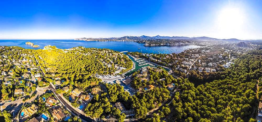 Aerial photo, view of Santa Ponca and the marina of Santa Ponca, behind the Serra de Tramuntana, Majorca, Balearic Islands, Spain, Europe