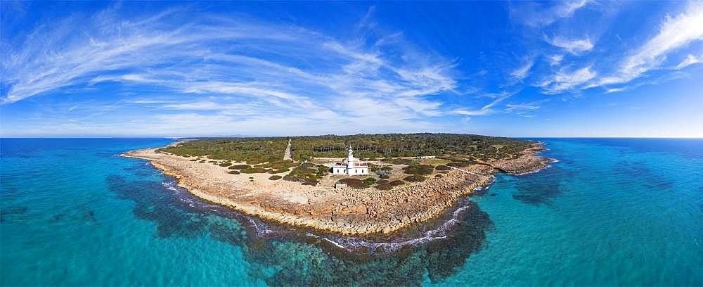 Panorama, Lighthouse at Cap de ses Salines, southernmost point of Majorca, Migjorn region, Mediterranean Sea, aerial view, Majorca, Balearic Islands, Spain, Europe