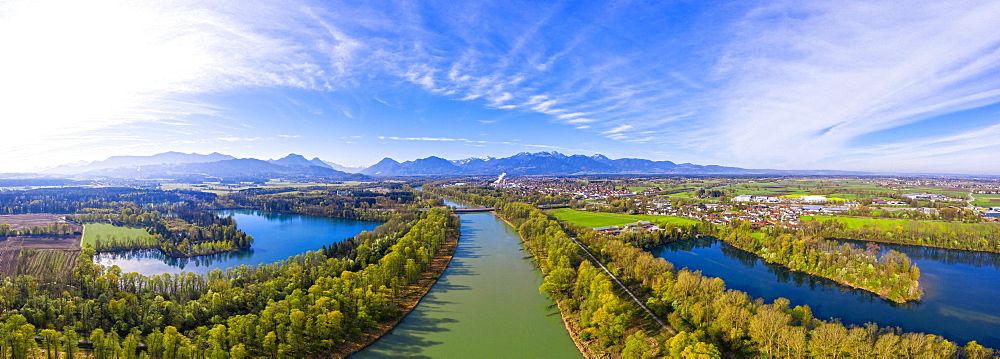 Panorama of the Inn Valley, Hochstrasser See and Happinger See, Raubling, Rosenheim County, drone shot, foothills of the Alps, Upper Bavaria, Bavaria, Germany, Europe