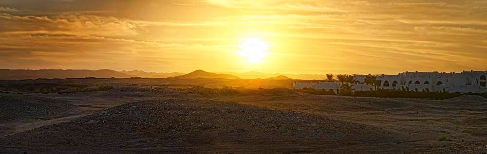 Desert with Hilton Nubian Resort at sunset, Al Qusair, Marsa Alam, Egypt, Africa