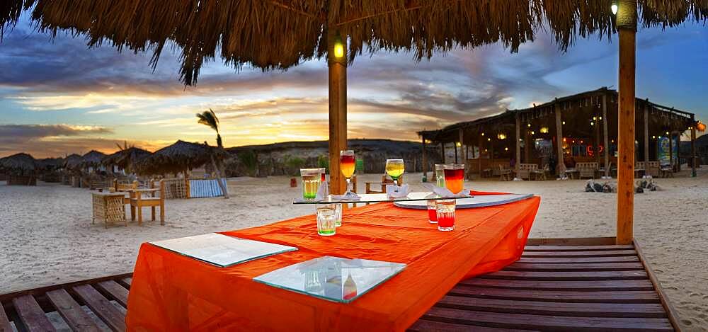 Beach bar with different cocktails at sunset at the coral reef Abu-Dabbab, Hilton Nubian Resort, Al Qusair, Marsa Alam, Egypt, Africa