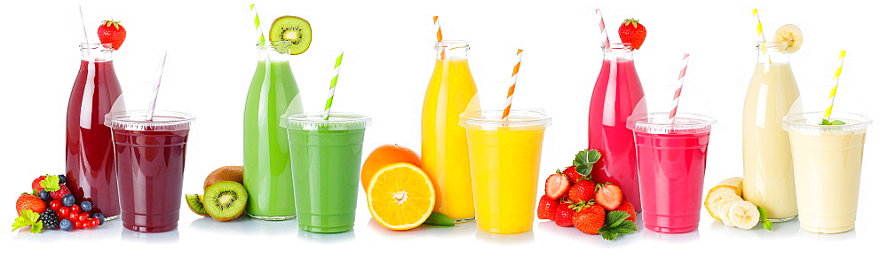 Various drinks smoothie smoothies juices fruit juice drink juice cropped cropped isolated against a white background