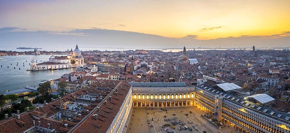 Evening atmosphere, Basilica di Santa Maria della Salute and St. Mark's Square, view from the Campanile di San Marco bell tower, city view of Venice, Veneto, Italy, Europe