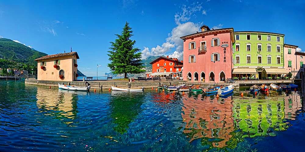 Small harbour with colourful boats, Turbel, Lake Garda North, Riva de Gardo, Trentino-Alto Adige, Italy, Europe