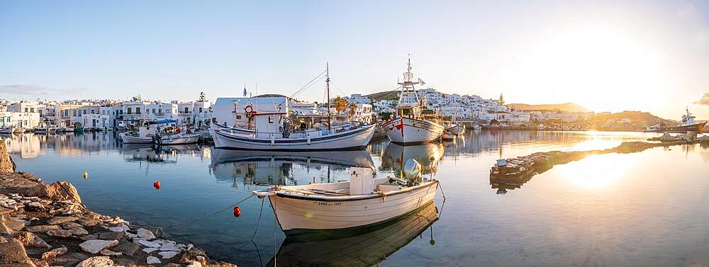 Evening atmosphere, harbour with fishing boats, Naoussa harbour town, Paros island, Cyclades, Greece, Europe