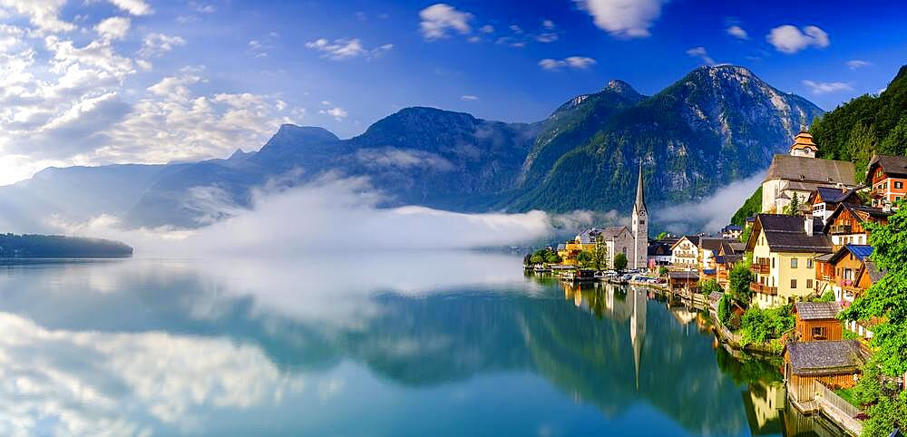 Panoramic view, village view Hallstatt, Lake Hallstatt, Salzkammergut, UNESCO World Heritage Hallstatt-Dachstein Salzkammergut, Upper Austria, Austria, Europe