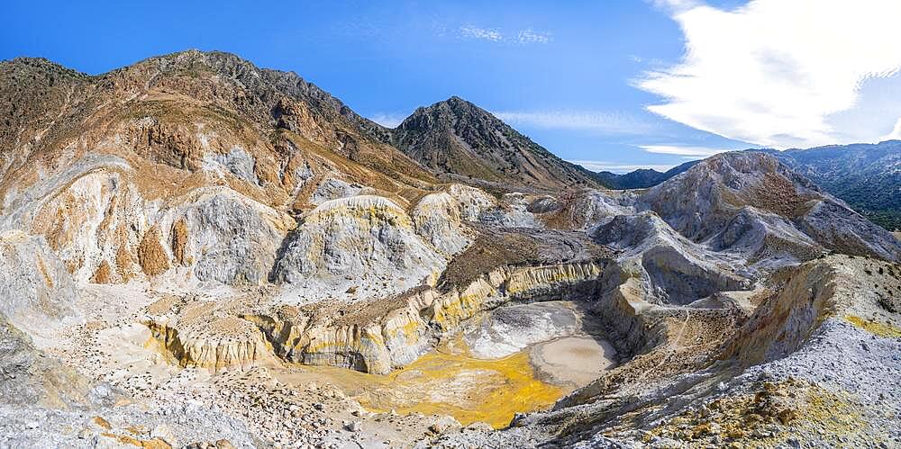 Caldera volcano with pumice fields, yellow coloured sulphur stones, Alexandros crater, Nisyros, Dodecanese, Greece, Europe