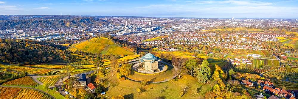 Grave chapel on the Wuerttemberg Rotenberg vineyards aerial view panorama in autumn city trip in Stuttgart, Germany, Europe