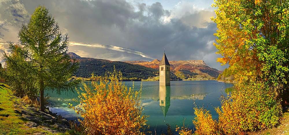 Church tower in Lake Reschen, Graun, Reschen, Trentino-Alto Adige, Italy, Europe