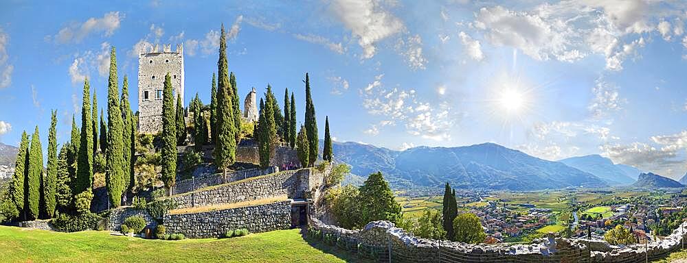 Medieval castle ruins Castello di Arco and valley view to Valle de Sarco, Arco, Lake Garda North, Trento, Trentino-Alto Adige, Italy, Europe