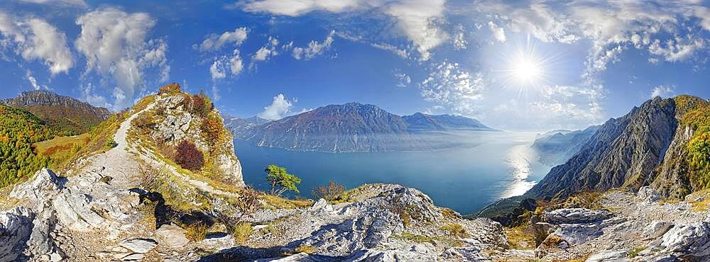 360 summit panorama at the Malga Palaer viewpoint with Lake Garda and the Monte Baldo mountain range, Limone Sul Garda, Brescia, Lake Garda West, Lombardy, Italy, Europe